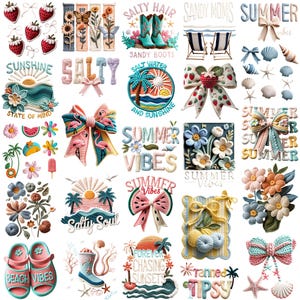 May include: A collection of colorful embroidered patches and appliques with summer and beach themes. Designs include bows, flowers, seashells, boots, and phrases like "Summer Vibes" and "Beach Vibes."