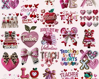 Teacher Valentine PNG Bundle Faux Yarn Coquette Preppy Teach Love Books Are My Valentine One Loved Teaching Sweet Hearts Knitted Designs