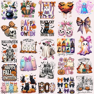 Peut inclure: Une collection de graphiques sur le thème d'Halloween avec des fantômes, des citrouilles, des crânes, des chats et des maisons hantées. Les motifs incluent du texte comme "Happy Fall Oween", "Spooky" et "Black Cat Social Club".