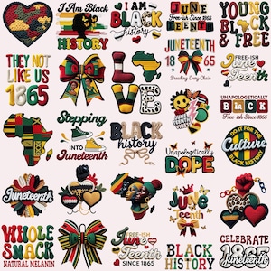 Puede incluir: Una colección de diseños gráficos coloridos y elementos de texto que celebran el Juneteenth y la historia negra. Los diseños incluyen corazones, lazos y el continente africano, con frases como "I Am Black History" y "Unapologetically Dope."