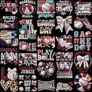 May include: A collection of baseball-themed designs on a black background. The designs include baseballs, bows, bats, and text such as "Baseball Mama," "Game Day," and "Play Ball." The color palette includes red, white, blue, and leopard print accents.