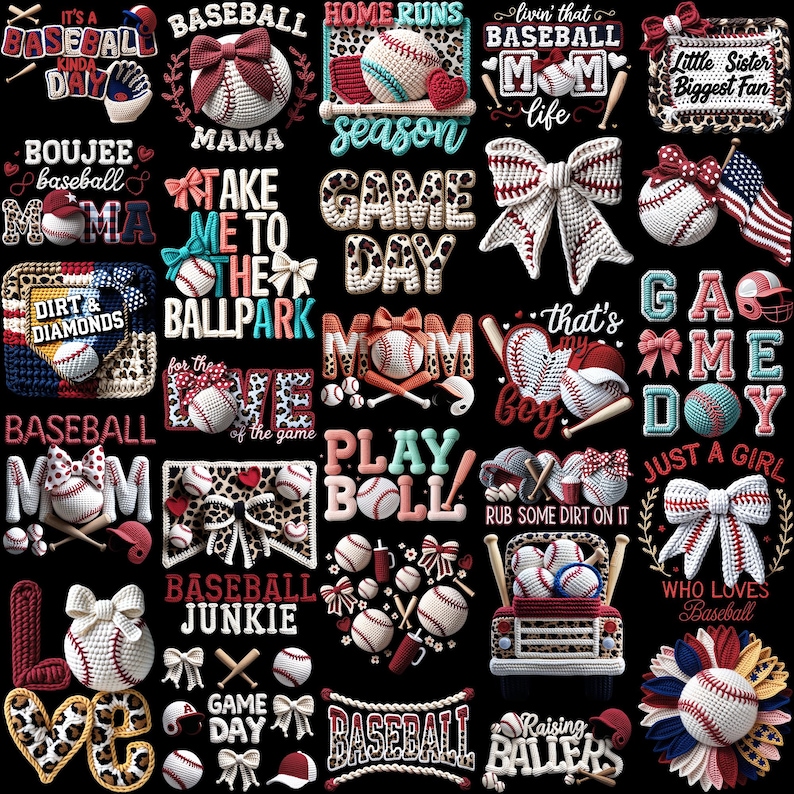 May include: A collection of baseball-themed designs on a black background. The designs include baseballs, bows, bats, and text such as "Baseball Mama," "Game Day," and "Play Ball." The color palette includes red, white, blue, and leopard print accents.