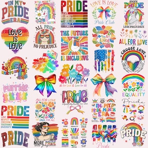 Pride PNG Bundle Equality Love Is Love In My Pride Era Rainbow Heart LGBT Coquette Bow Less Prejudice Gay Quotes Choose Love PNG Designs