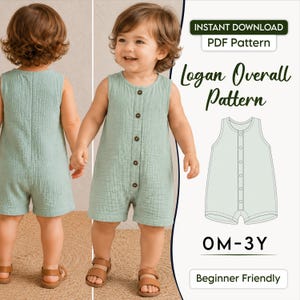 May include: A digital PDF sewing pattern for a sleeveless romper titled Logan Overall Pattern, featuring a front button placket, round neckline, and short legs. The design is shown on a child in a sage green textured fabric, with a technical line drawing.