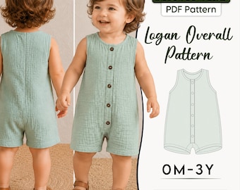 Patron de couture de salopette pour enfants, patron de combinaison pour tout-petits, patron de couture de barboteuse pour bébé facile à réaliser, tailles 0 mois à 3 ans, salopette unisexe