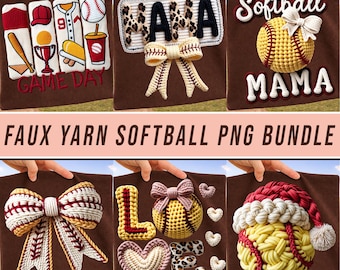 Faux Yarn Softball PNG Bundle Crochet Knit Softball Mama Coquette Bow Game Day Sports Mom Life Latch Hook Leopard Print Png Shirt Designs