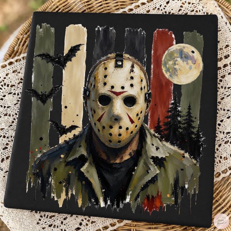 May include: A square black canvas print featuring a painted hockey mask centered over a dark jacket. The background displays vertical brushstrokes in olive, cream, and red, with silhouettes of bats, a full moon, and pine trees in the dark forest.