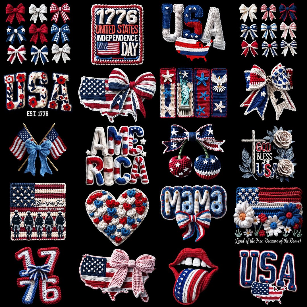 4th of July PNG Bundle Faux Yarn USA Flag Coquette Bow Freedom ...