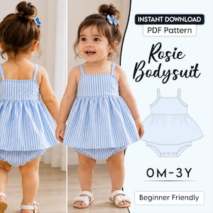 Puede incluir: Un body de rayas verticales azul claro y blanco con falda fruncida y tirantes finos. El texto dice: INSTANT DOWNLOAD, PDF Pattern, Rosie Bodysuit, 0M-3Y, Beginner Friendly. También se muestra un dibujo lineal de la prenda.