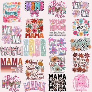 Puede incluir: Una colección de 16 diseños digitales coloridos con la palabra "Mama" en varios estilos y fuentes. Algunos diseños incluyen patrones florales, corazones y otros elementos decorativos. Los diseños son perfectos para crear camisetas, tazas, bolsas de mano y otros regalos personalizados.