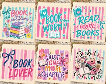 Book Lover PNG Bundle Coquette Book Worm Booked And Caffeinated Preppy Retro Striped Bookish Quotes Reading Club Sublimation Designs