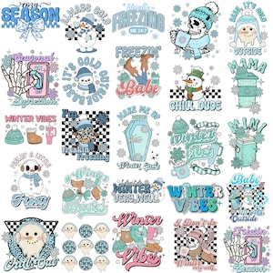 May include: A collection of winter-themed graphics with text and illustrations. Designs include snowmen, snowflakes, and phrases like "Winter Vibes," "Always Cold," and "Freezin' Babe." The color palette is primarily blue, white, and black.