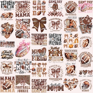 Puede incluir: Una colecci&oacute;n de dise&ntilde;os con tem&aacute;tica de f&uacute;tbol en marr&oacute;n, beige y blanco. Los dise&ntilde;os incluyen balones de f&uacute;tbol, lazos y textos como "Touchdown", "Football Mama" y "Game Day". El tema general es el f&uacute;tbol.