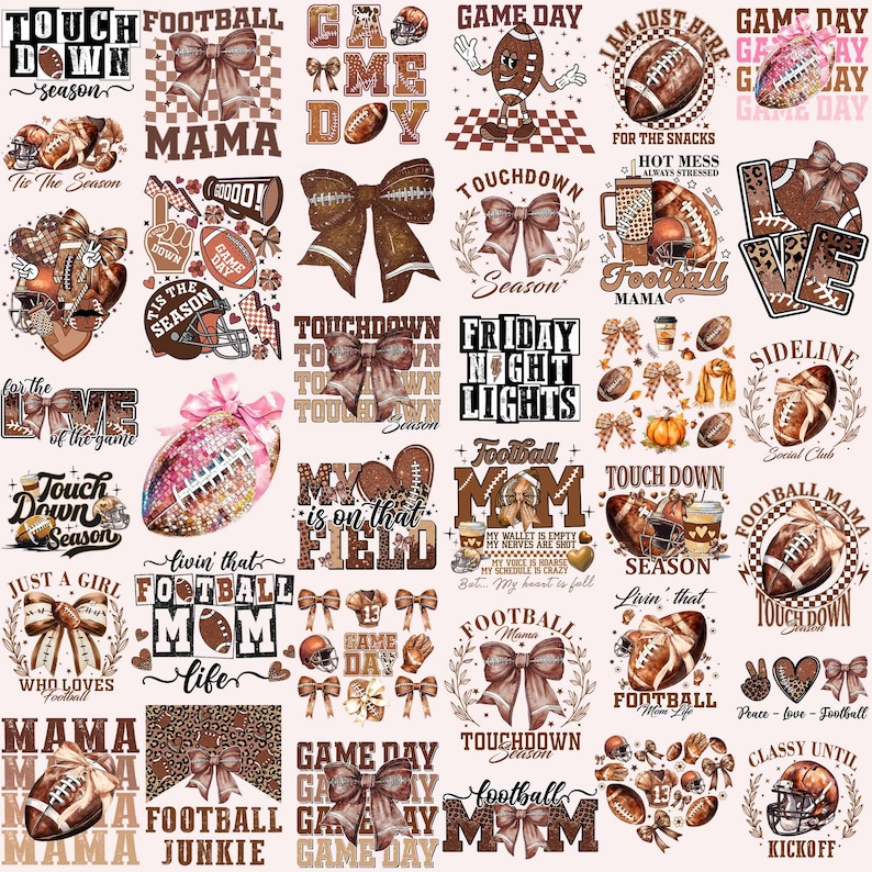 Puede incluir: Una colecci&oacute;n de dise&ntilde;os con tem&aacute;tica de f&uacute;tbol en marr&oacute;n, beige y blanco. Los dise&ntilde;os incluyen balones de f&uacute;tbol, lazos y textos como "Touchdown", "Football Mama" y "Game Day". El tema general es el f&uacute;tbol.