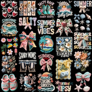 May include: A collection of summer-themed embroidered patches and appliques on a black background. Designs include bows, seashells, flamingos, beach chairs, boots, and text like "Summer Vibes" and "Salty Hair". Colors include pink, blue, yellow, and white.