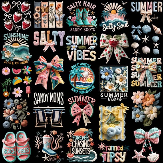 Summer PNG Bundle Faux Yarn Beach Summer Vibes Sandy Moms Salty Soul Crochet Knit Coquette Bow Latch Hook Floral Summer Tanned And Tipsy
