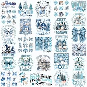 May include: A selection of winter-themed designs in blue and white. The designs feature snowmen, bows, snowflakes, and text including "Winter Blessings," "Cozy Season," and "Baby It's Cold." The overall theme is festive and seasonal.