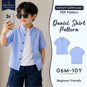 Patrón de costura para camisa de niño, patrón PDF para camisa infantil con botones, camisa para niños pequeños con cuello mandarín, ideal para principiantes en verano, tallas de 6 meses a 10 años.