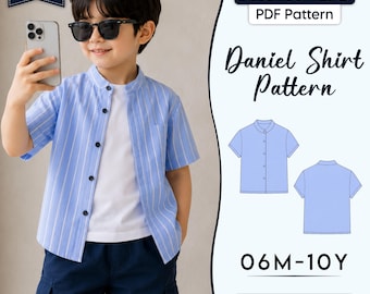 Boys Shirt Sewing Pattern, Kids Button Up Shirt PDF Pattern, Mandarin Collar Toddler Shirt, Children's Summer Beginner Friendly Sizes 6M-10Y
