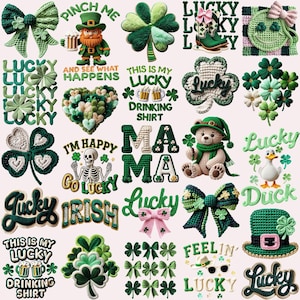 May include: A selection of St. Patrick's Day crochet designs. Features green shamrocks, bows, a leprechaun, a bear, and text that says "Lucky", "Irish", and "Pinch Me". The designs are in shades of green, white, and pink.