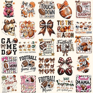 Peut inclure: Ensemble de graphiques sur le thème du football, comprenant des ballons, des casques, des nœuds et des textes tels que "Touch Down Season" et "Football Mama". Les motifs présentent une variété de couleurs et de styles.