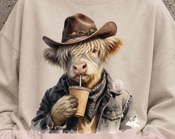 Highland vache café PNG, cow-girl western mignonne, tasse à café drôle d'animaux de la ferme, coquette pays rétro esthétique tendance Sublimation Design
