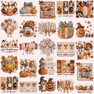 Puede incluir: Una colección de arte digital con temática otoñal que presenta calabazas, pavos, gansos y hojas de otoño. El texto incluye "Grateful Thankful Blessed", "Big Back Energy", "Just a thankful goose", "Blessed", "Mama", "Thankful", "Give Thanks to the Lord" y "Gobble 'til you wobble".