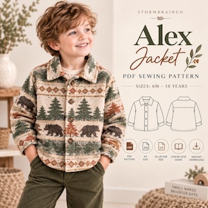 Op de afbeelding: Een jas met lange mouwen en knopen met een herhalend patroon van bruine beren en groene dennenbomen op een crèmekleurige achtergrond. De tekst luidt Stormbrainco Alex Jacket PDF Sewing Pattern, maten 6M-10 jaar, met lijntekeningen van voor- en achterkant.