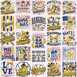May include: A collection of twenty-five graphic designs featuring cartoon bananas, baseballs, bats, and bows. The illustrations incorporate text such as 'Bananas', 'That's Bananas', 'America 250', 'Savannah Bananas', and 'Peel Good Summer' in various colorful, sporty, and playful styles.
