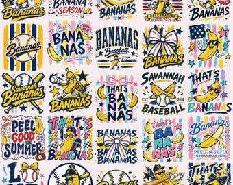 Bundle Baseball bananes PNG drôle mascotte jaune saison des sports PNG rayé rétro vintage Lets Go bananes Sublimation dessins téléchargement numérique
