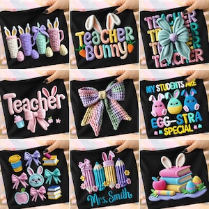 Puede incluir: Camisetas negras con diseños temáticos de Pascua. Los diseños incluyen "Teacher Bunny" con orejas de conejo y zanahorias, un lazo grande y el texto "My Students Are Egg-Stra Special". Otros diseños presentan tazas, lápices y libros.