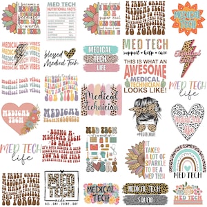 May include: A collection of colorful graphic designs with text related to medical technicians. Designs include sunflowers, hearts, and lightning bolts. The text includes phrases like "Medical Tech Life" and "Awesome Medical Technician".