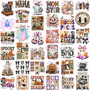 May include: A selection of Halloween-themed designs with pumpkins, ghosts, cats, and haunted houses. The designs include text like "Mama", "Eat Drink Be Scary", "Spooky Season", and "Hocus Pocus". The colour palette includes orange, purple, and black.