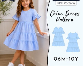 Patron de robe à volants pour petites filles, modèle à volants et manches à étages, tutoriel de couture facile pour robe d'été, tailles 6 mois à 10 ans.