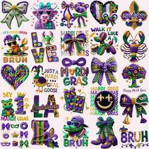 以下が含まれることがあります： カラフルなマルディグラをテーマにしたかぎ針編みのアイテムのコレクション。画像には、リボン、ハート、フルール・ド・リス、ワニや雄牛などのさまざまなキャラクターが含まれており、すべて紫、緑、金です。「マルディグラ」と「ルイジアナ」の文字が含まれています。