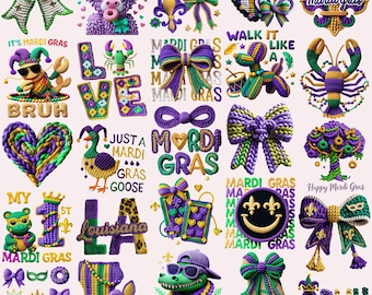 Mardi Gras PNG-paket Fauxgarn Louisiana New Orleans Realistisk stickning Virkning 1:a Mardi Gras Coquette Rosett Gås Höglandsko Sublimering