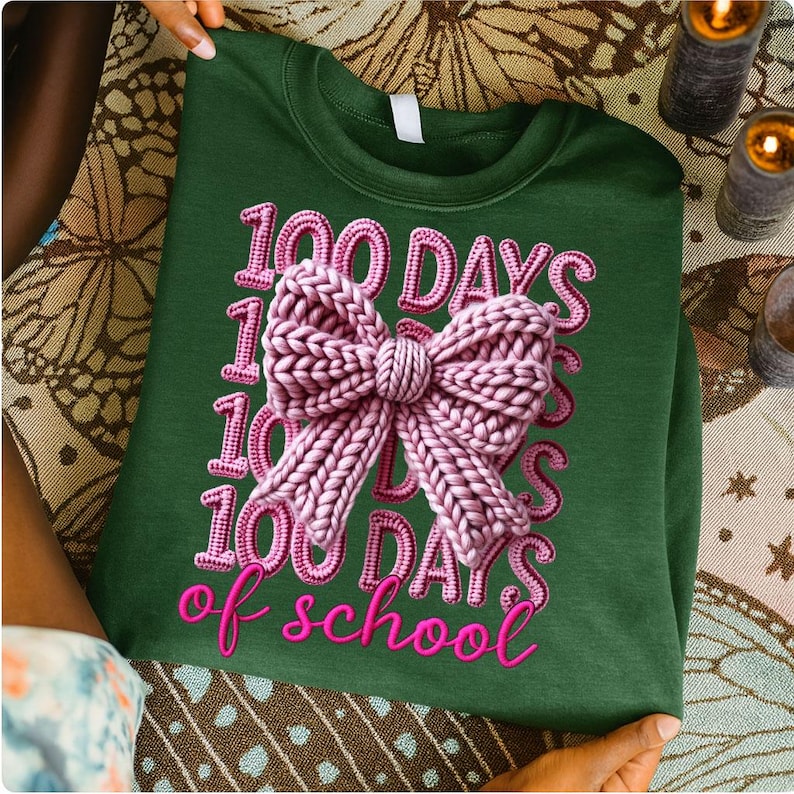 100 dagar av skolan PNG-paket fuskgarnvirkning 100 dagar ljusare lär kärleksarbete av hjärta kokett rosett mysig realistisk stickning PNG sublimering bild 2