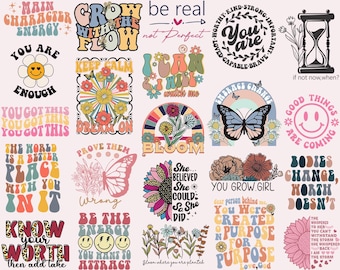 Pode incluir: Uma coleção de designs gráficos coloridos e inspiradores com motivos florais e de borboletas. O texto inclui frases como "You are enough", "Dream on" e "Bloom". Os designs são em estilo retro.