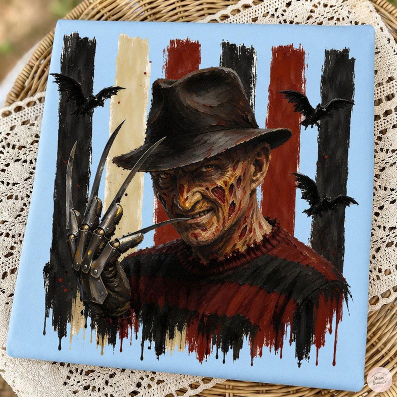 May include: A square canvas print featuring a portrait of a character with a scarred face, wearing a brown fedora and a red and black striped sweater. The character has a metal clawed glove on one hand, with black birds flying against a striped background.