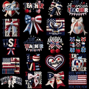 Teacher 4th of July Png Bundle Faux Patchwork Coquette Bow USA Flag Quilted Cottagecore Patchwork Patriotic Red White American Teacher