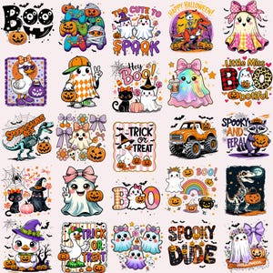 May include: A collection of colorful Halloween-themed graphics featuring ghosts, pumpkins, and other spooky characters. Text includes "Boo", "Too Cute to Spook", "Happy Halloween", and "Trick or Treat".