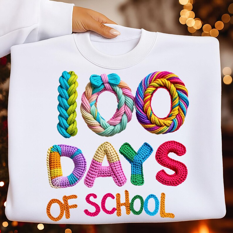 100 dagar av skolan PNG-paket fuskgarnvirkning 100 dagar ljusare lär kärleksarbete av hjärta kokett rosett mysig realistisk stickning PNG sublimering bild 5