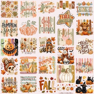 Puede incluir: Una hoja digital de gráficos con temática otoñal que incluye calabazas, follaje de otoño, una calavera con un lazo de leopardo, un mapache, un fantasma, una vaca highland y gatos negros. El texto incluye frases como Pumpkin Season y Fall Vibes.