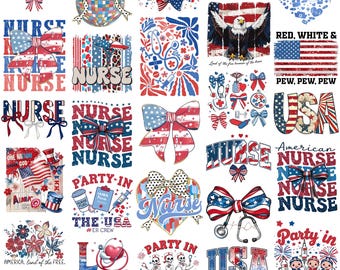 Nurse 4th Of July Png Bundle Retro Coquette Bow Party In The USA Heart Stethoscope Floral American Flag ER Nurse Crew Land OF The Free