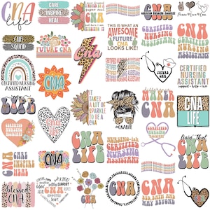 May include: A collection of colorful CNA (Certified Nursing Assistant) themed graphics. Designs include text like "CNA Life," "Future CNA," and "Certified Nursing Assistant," along with images of stethoscopes, hearts, and sunflowers. The color palette is a mix of pastels and bold hues.