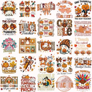 May include: A selection of autumn-themed designs with pumpkins, ghosts, turkeys, and leaves. Text includes phrases such as "Thankful Teacher" and "Cutest Turkeys." The designs use warm colours like orange, brown, and beige.