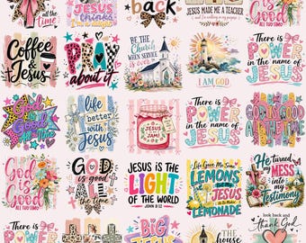 Pack PNG chrétien - Style preppy - Dieu est bon - J'aime Jésus - Dans mon style - Drôle - Tendance - Rayé - Verset biblique mignon - Café et Jésus - Lion