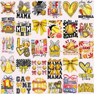 May include: A digital collage of colorful softball-themed designs. The designs feature various phrases, including "Softball Mama", "Game Day", "Livin' that Softball Mom Life", and "At the Ballpark".