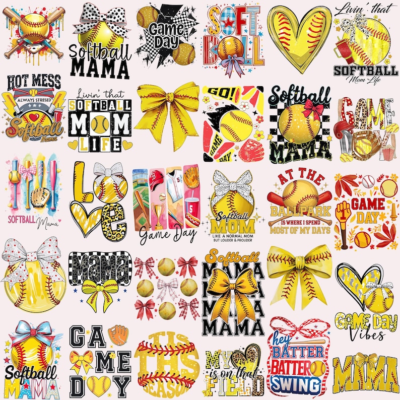 May include: A digital collage of colorful softball-themed designs. The designs feature various phrases, including "Softball Mama", "Game Day", "Livin' that Softball Mom Life", and "At the Ballpark".