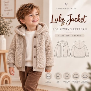 May include: A beige sherpa fleece jacket with a hood, long sleeves, and a button-front closure. The text reads Stormbrainco Luke Jacket PDF Sewing Pattern, Sizes: 6M-10 Years, PDF Pattern, A4 Size, US Letter Size, Step-by-Step Guide, Instant Download.